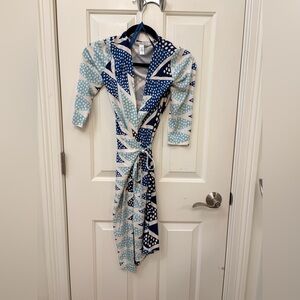 Diane Von Furstenberg Blue and White Silk Wrap Dress